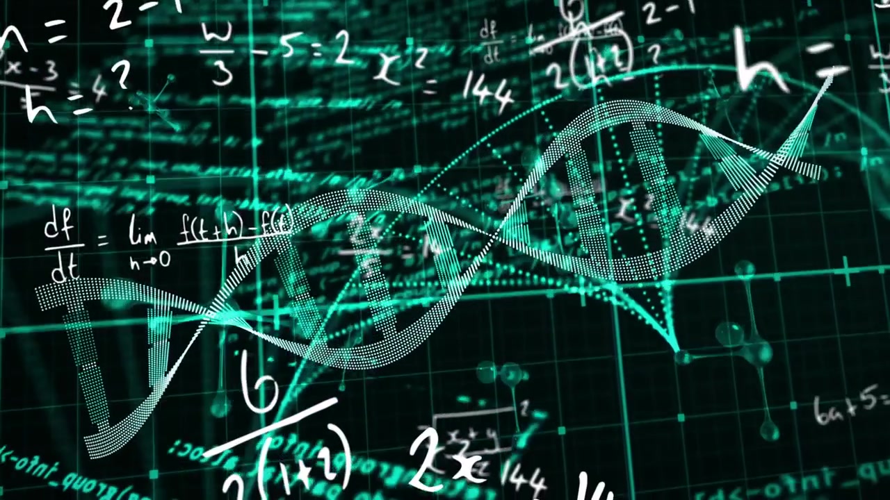 On camera pan, teal-green DNA helix undulating, unfolding and gathering equations to visualize data