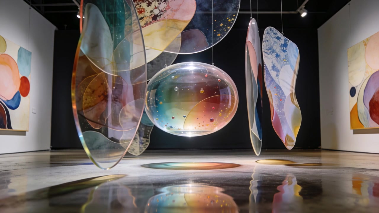 Paneles flotantes y un orbe iridiscente moviéndose con una suave brisa en una galería, creando reflejos en el suelo.