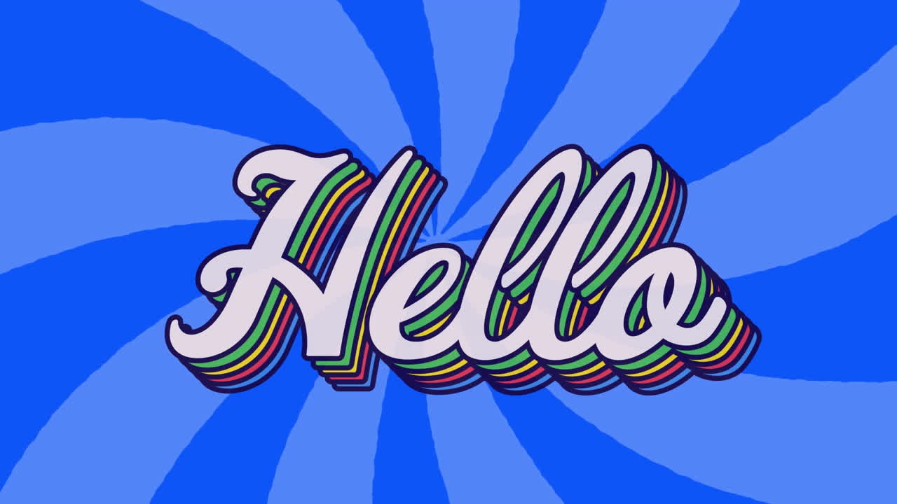 animación de un cartel de texto de saludo contra rayos radiales en un patrón sin costuras sobre un fondo azul