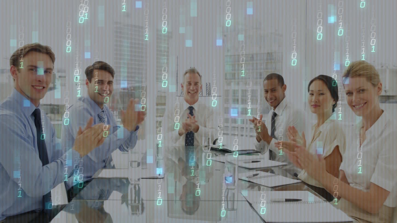 Diverse business team clapping in office with binary code animation overlay
