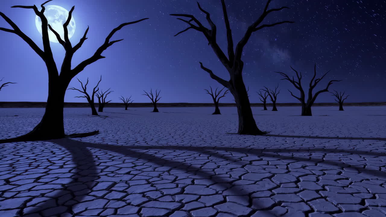 Moonlit Desolate Landscape with Barren Trees and Cracked Earth