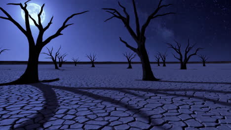 moonlit desolate landscape with barren trees and cracked earth