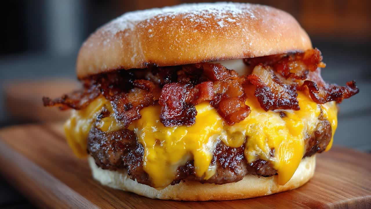 Köstlich saftiger Cheeseburger, belegt mit knusprigem Speck und geschmolzenem Käse auf einem frisch gebackenen Brötchen, eine perfekt schmackhafte Versuchung.