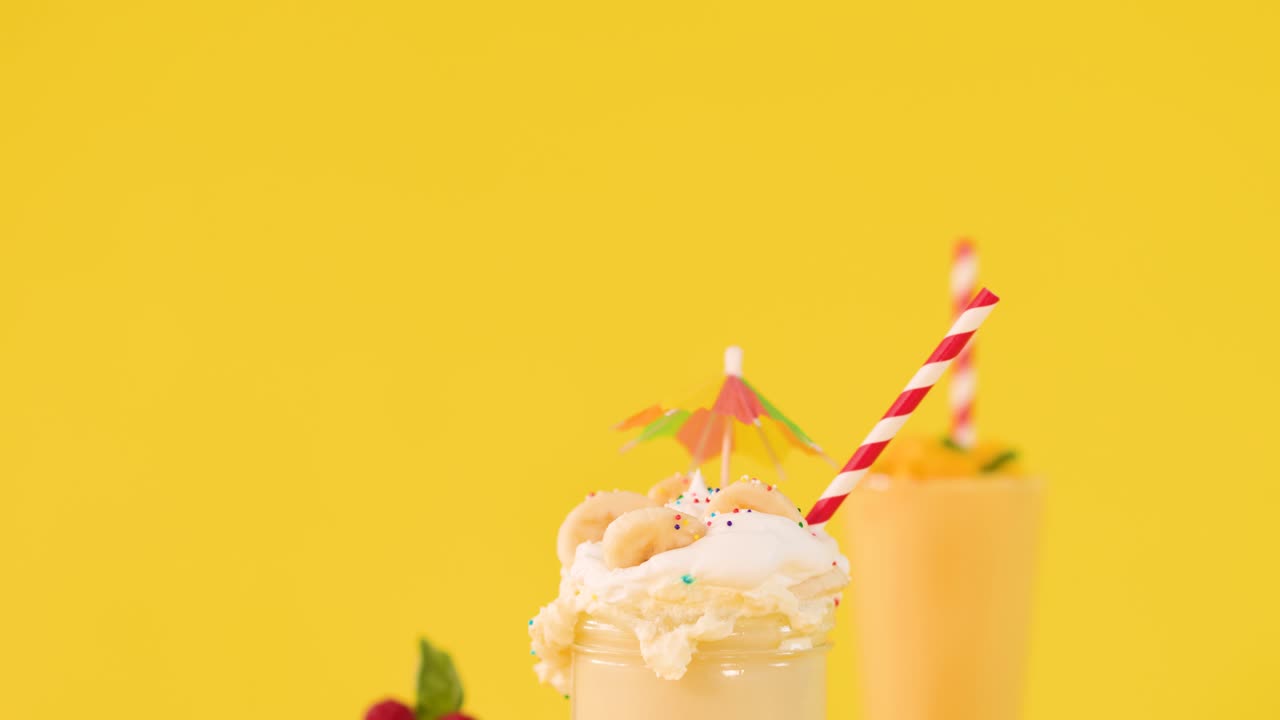 Frullato cremoso alla banana con panna montata, guarnizione tropicale e ingredienti a base di frutta su sfondo giallo brillante
