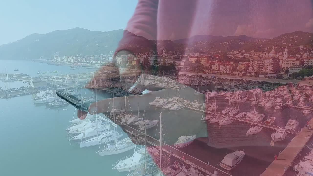 animación de un hombre usando un teléfono inteligente sobre el paisaje urbano