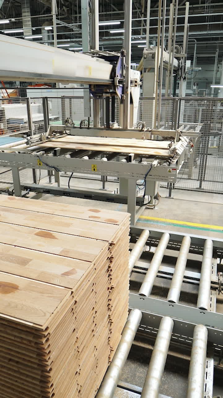 Process of manufacturing of wooden boards. Automatic line leaves finished products. Wood industry. Plant of parquet Vertical video