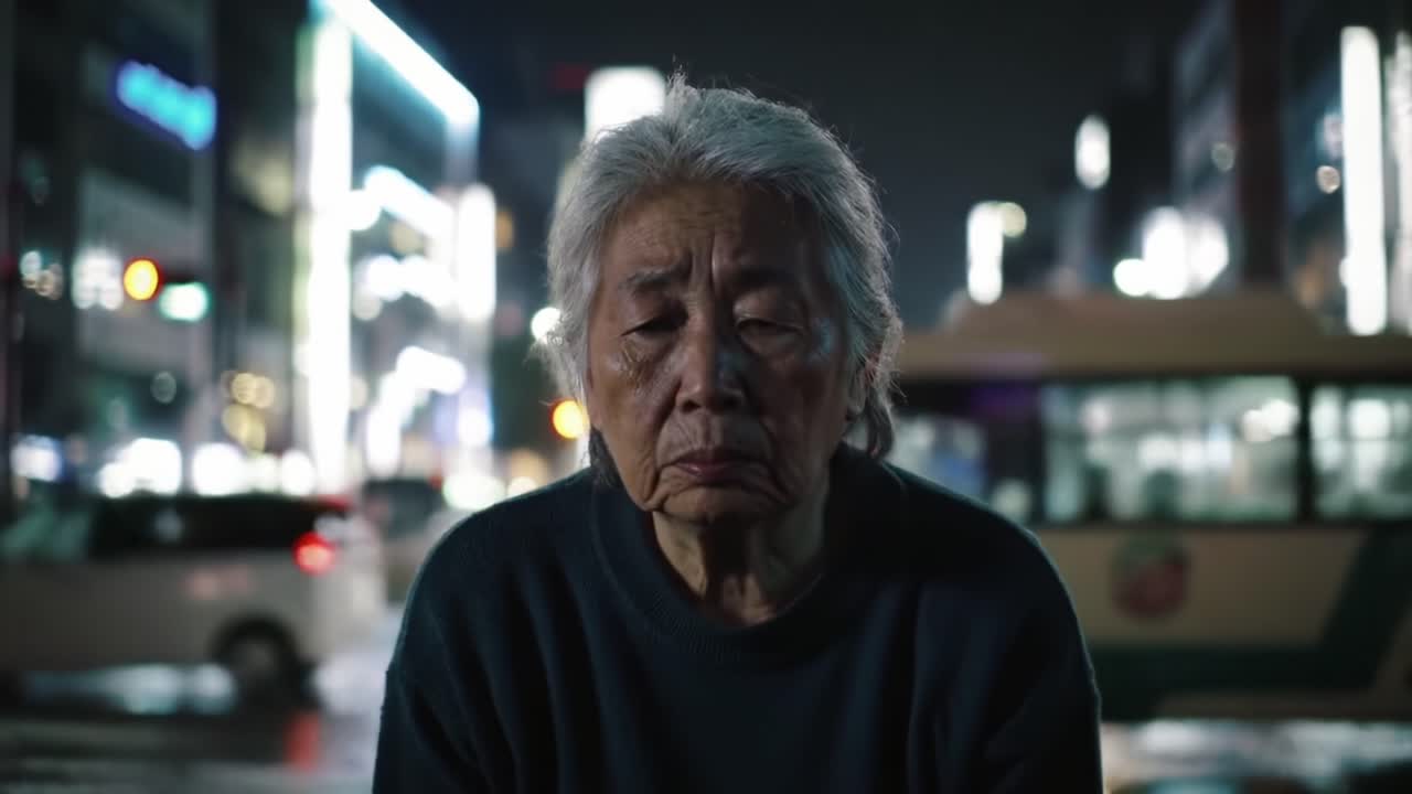 An elderly individual gazes contemplatively into the night, surrounded by vibrant city lights and bustling urban life, embodying solitude amidst the busy backdrop