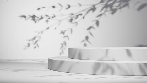 minimal round concrete podium with shadow of leaves on purple wall. natural sunlight overlay in studio setting. botanical and product display mockup. design for banner, poster