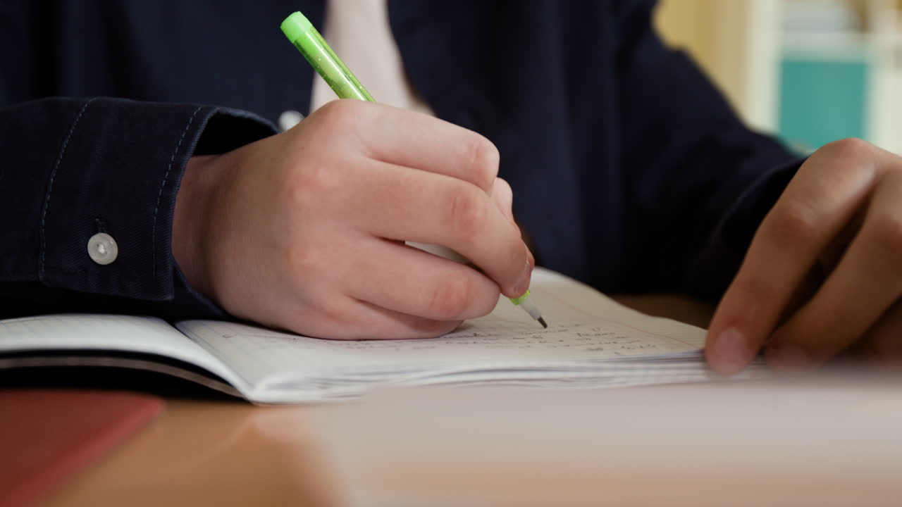 Close-up of a person writing in a notebook with a pen