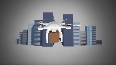 drone holding a package traveling in the city