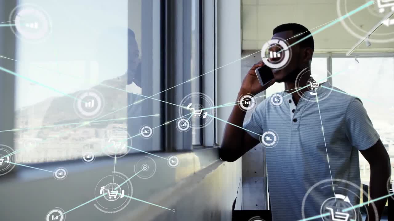 animación de un hombre afroamericano hablando en un teléfono inteligente a través de una red de conexiones con iconos