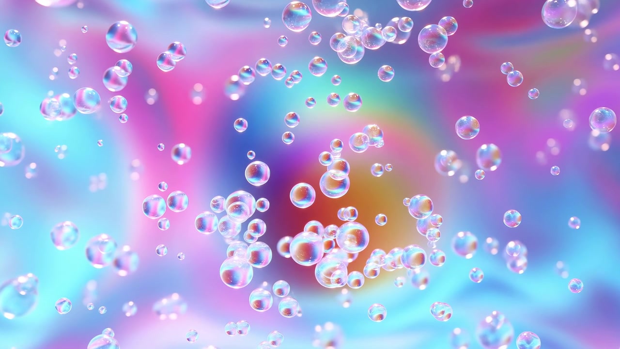 Iridescent Bubbles Over Holographic Pastel Gradient, Shimmering Translucent Spheres Drifting Across Neon