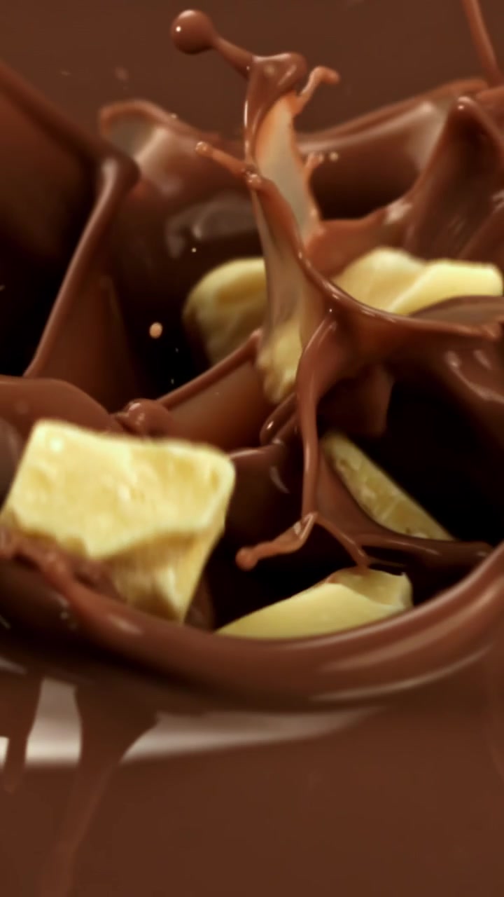 Pezzi di cioccolato bianco che si tuffano nel cioccolato fuso al rallentatore