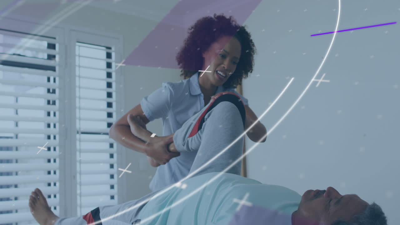 animación de escaneo de alcance sobre diversos médicos y pacientes haciendo ejercicio