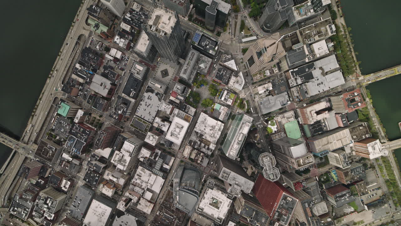 Pittsburgh Pennsylvania Aerial v81 high altitude vertical top down flyover downtown area capturing freeway traffic, Point state park and confluence of rivers - Shot with Inspire 3 8k - Sept 25th 2023