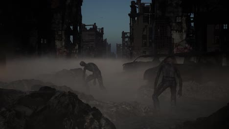 a-dystopian-destroyed-ruined-city-on-night,-with-debris,-damaged-cars,-smoke-and-fire,-and-zombies-standing-idle-breathing,-3D-animation,-animated-scene,-camera-zoom-in