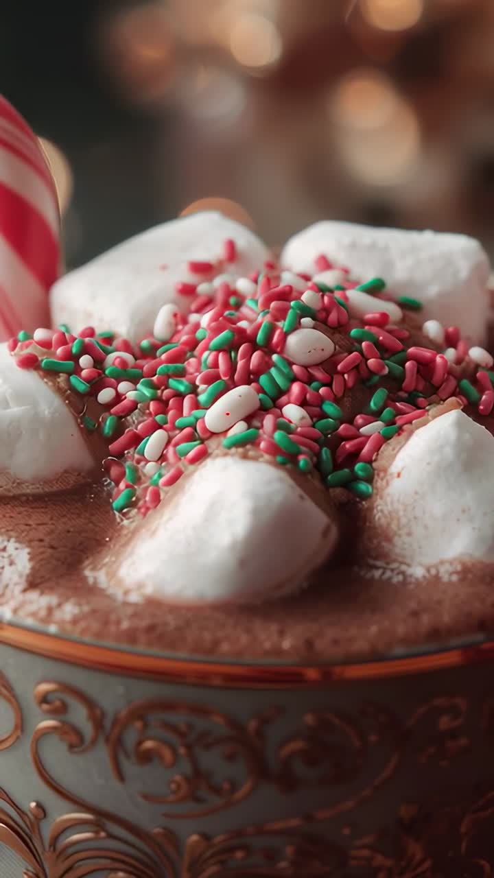 Vertical video: Zooming mug of cocoa with marshmallows at cafe table with candy cane, fairy lights