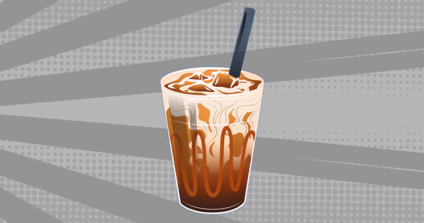 All'inizio, bicchiere stilizzato di caffè freddo che ruota in senso orario e poi inverte per mostrare la spirale cremosa