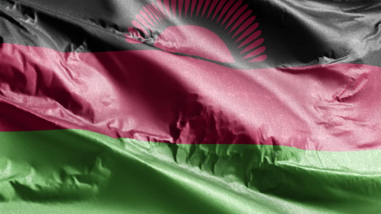 bandera textil de malawi ondeando en el bucle del viento. bandera malawiana balanceándose en la brisa. tejido textil de tela. fondo de relleno completo. bucle de 10 segundos.