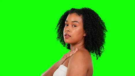 face, green screen and woman with skincare