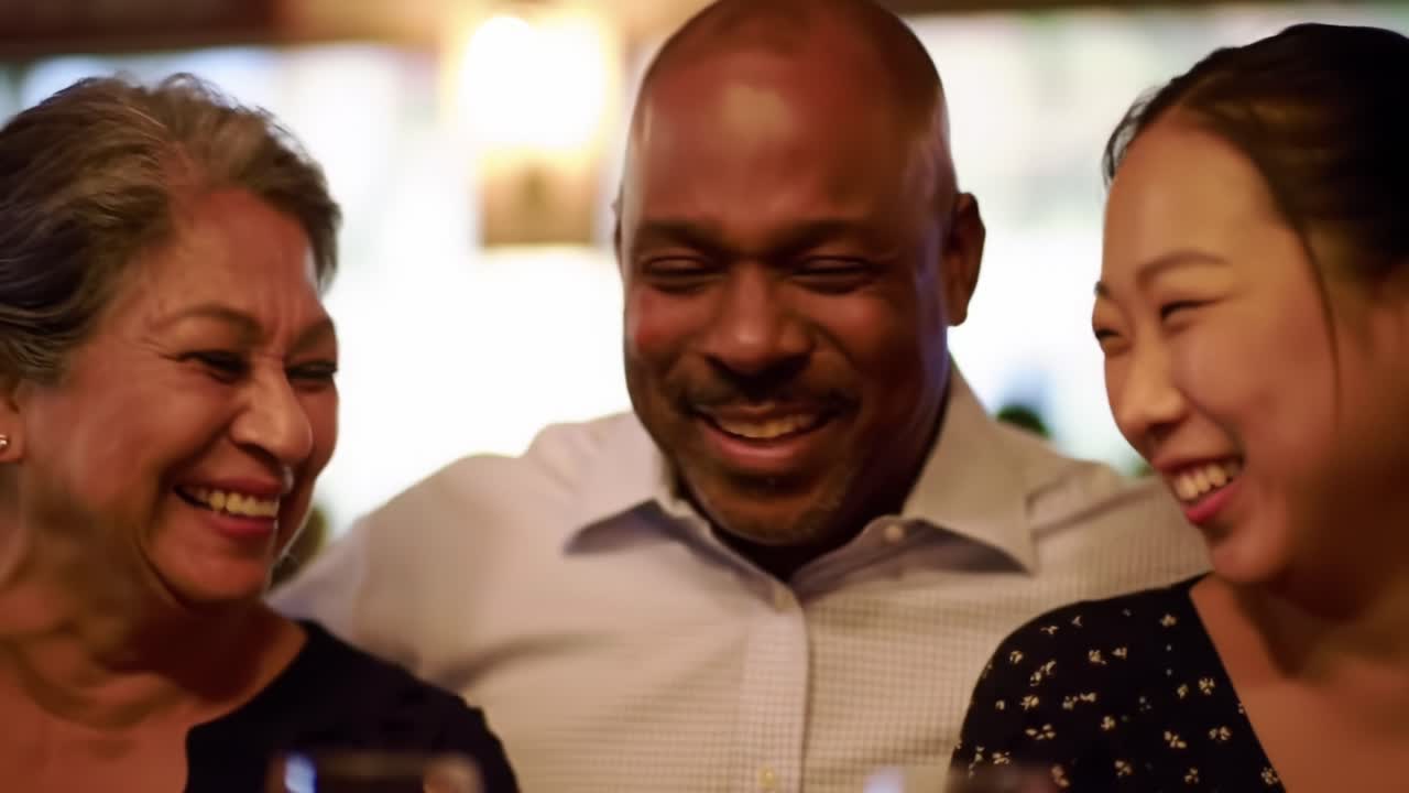 Friends Enjoy a Joyful Evening Together at a Cozy Restaurant Celebrating Friendship and Laughter