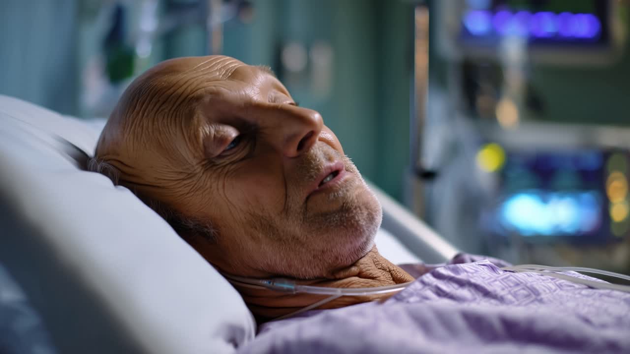 Un uomo anziano riposa pacificamente in un letto d'ospedale. Apparecchiature mediche monitorano delicatamente i suoi segni vitali. L'atmosfera calma suggerisce una convalescenza o cure di fine vita. Ideale per scene che raffigurano vulnerabilità.
