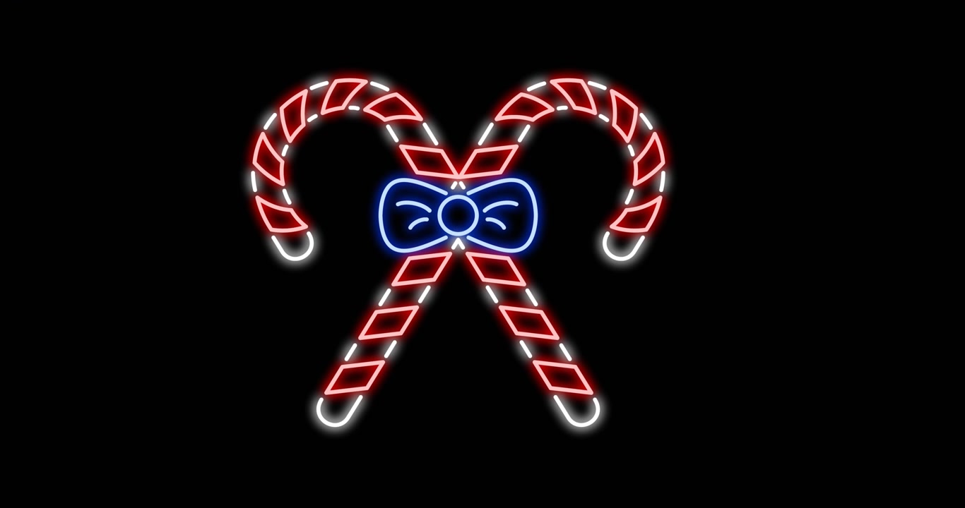 Animazione di caramelle natalizie al neon su sfondo nero.