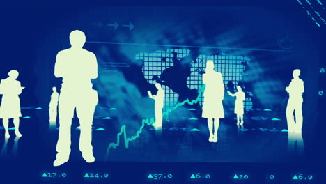 silhouettes of business people against stock market graphics