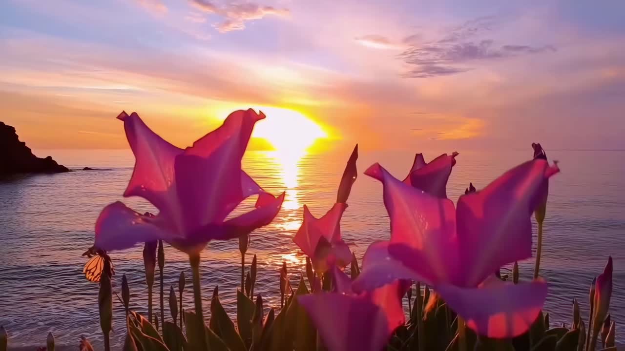 Vibrant sunset video with a low-angle view of flowers silhouetted against the ocean horizon