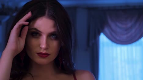 captivating portrait: an elegant woman in a glamorous setting with striking makeup and a mysterious aura, evoking emotion and intrigue in two stunning frames