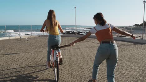 Rear-view-of-a-Caucasian-and-a-mixed-race-girl-riding-and-skateboarding