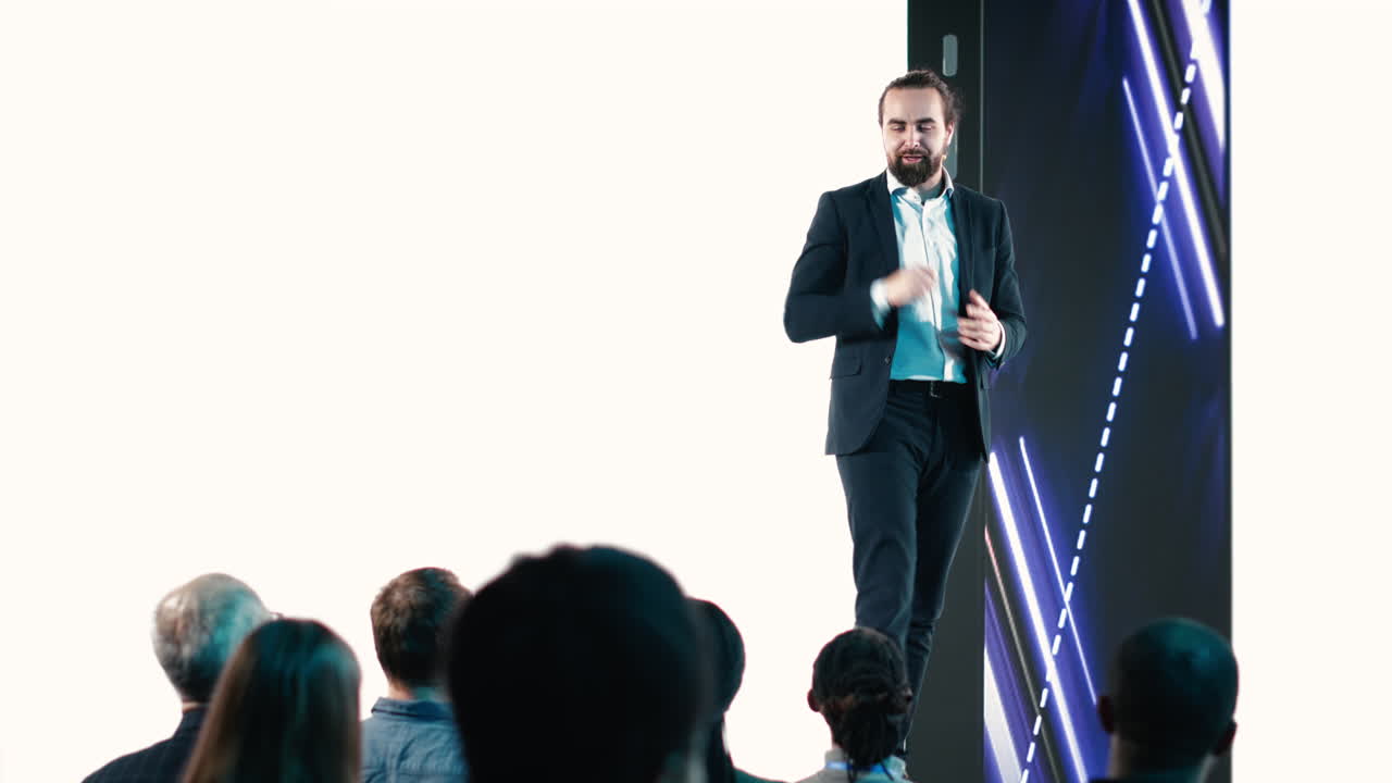 Male CEO presenting new mobile phone product launch on stage