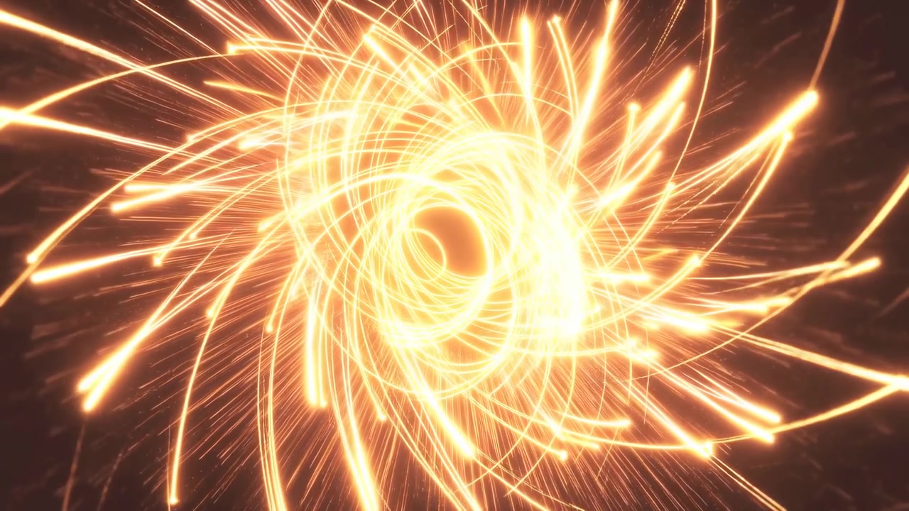 Calde striature luminose ruotano attorno a un centro concentrato, creando un movimento circolare stratificato, scintille curve e linee radiali in espansione contro uno sfondo quasi nero