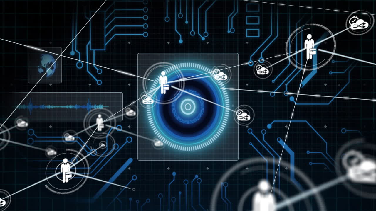 Animation of digital data processing over circuit board background in school setting