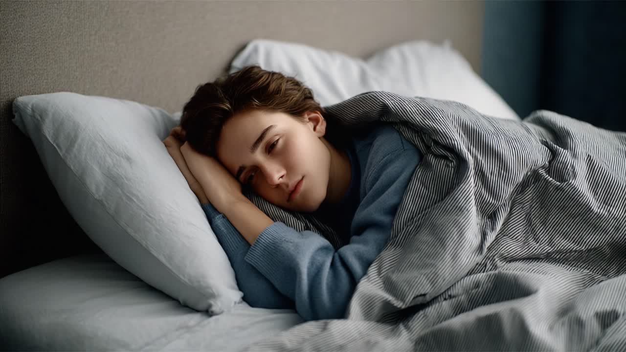 A tranquil moment of deep rest and serene dreams, as a young person peacefully sleeps, wrapped in cozy linens, embodying relaxation and calmness in their environment
