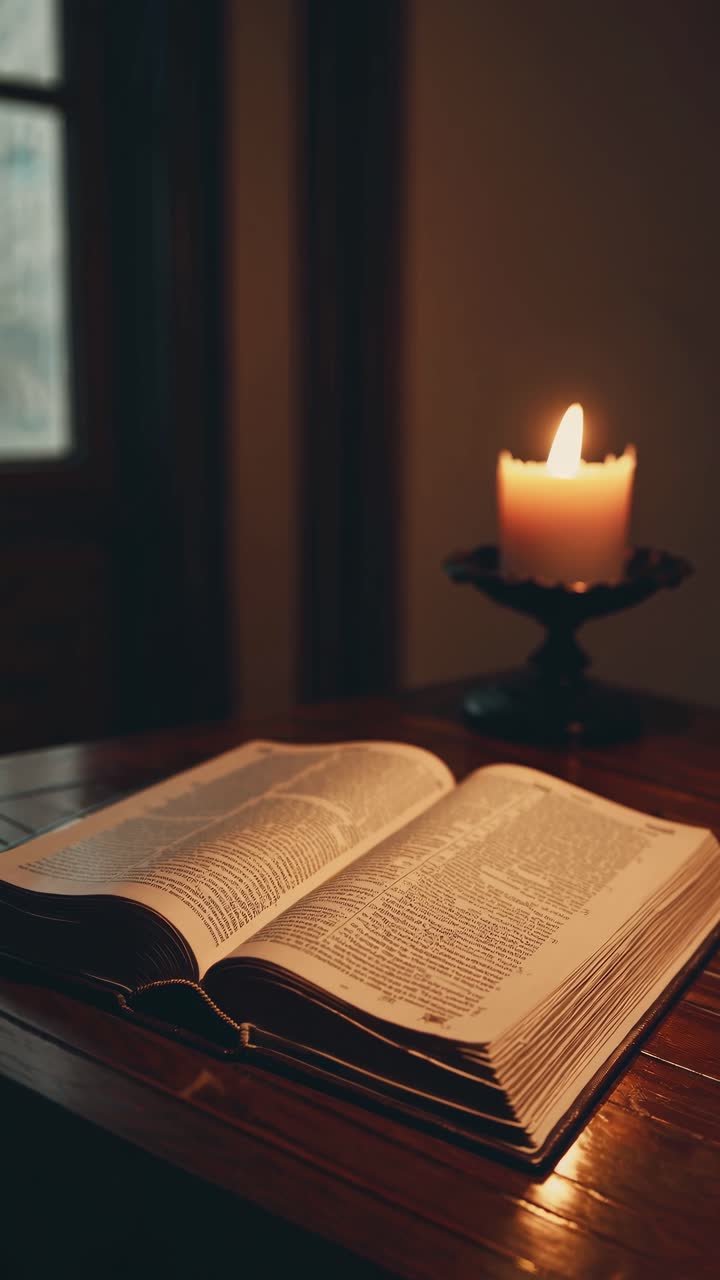 Warm, vintage-style video scene of an open book and candle on a wooden table, captured from a low
