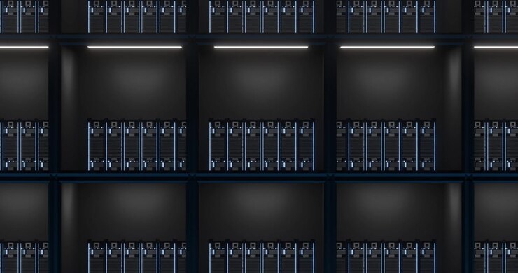 Rack-mounted servers glowing in grid on transparent background, flat design under linear LED lights