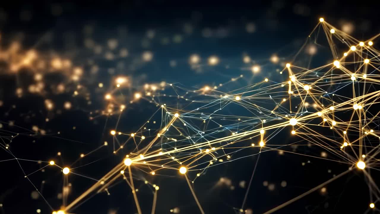Abstract video of glowing network connections on a dark background, captured from a high-angle