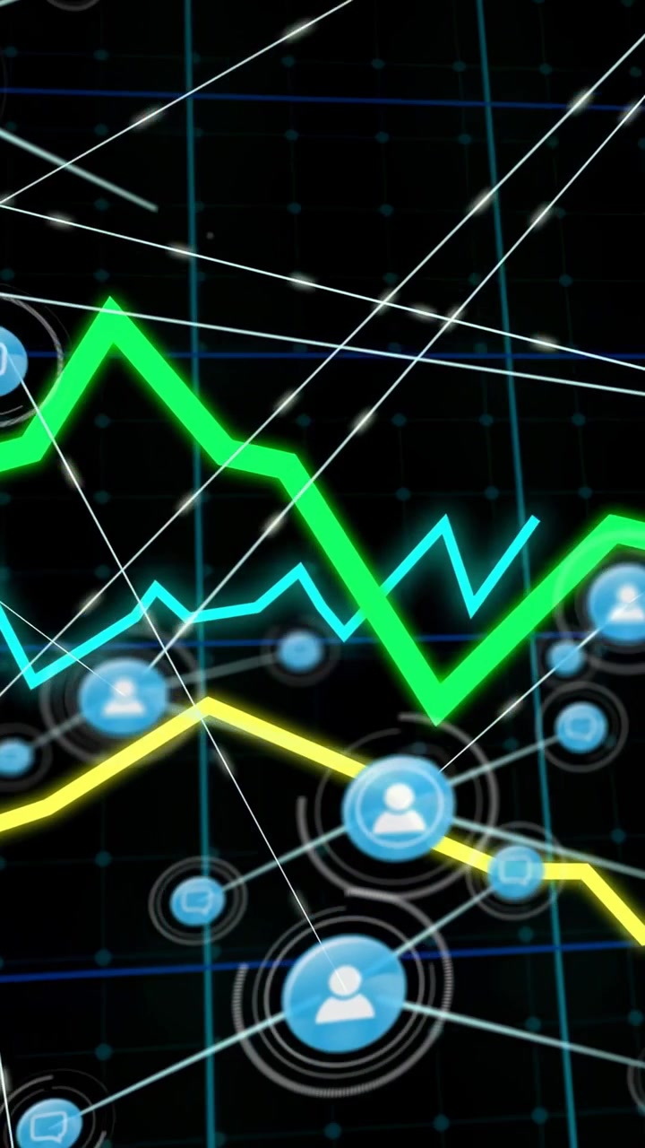 Verticale video: Datanetwerk op invoer, traceert neon trends en pulserende knooppunten brengen interactie in kaart.