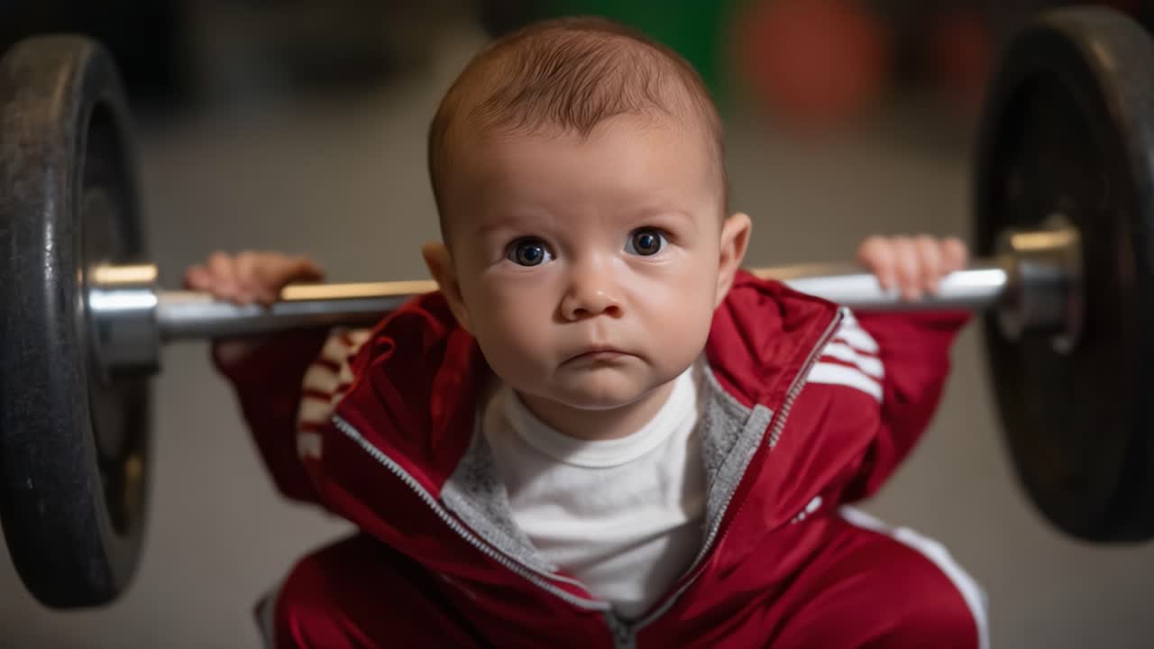 Inspiring Determination: A Baby's Focus While Lifting Weights in the Gym, Showcasing Strength and Cutness in an Adorable Training Moment
