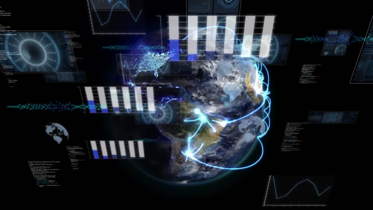 Data feed initiating overlays while 3D Earth globe rotating, tracing arcs for technology analytics