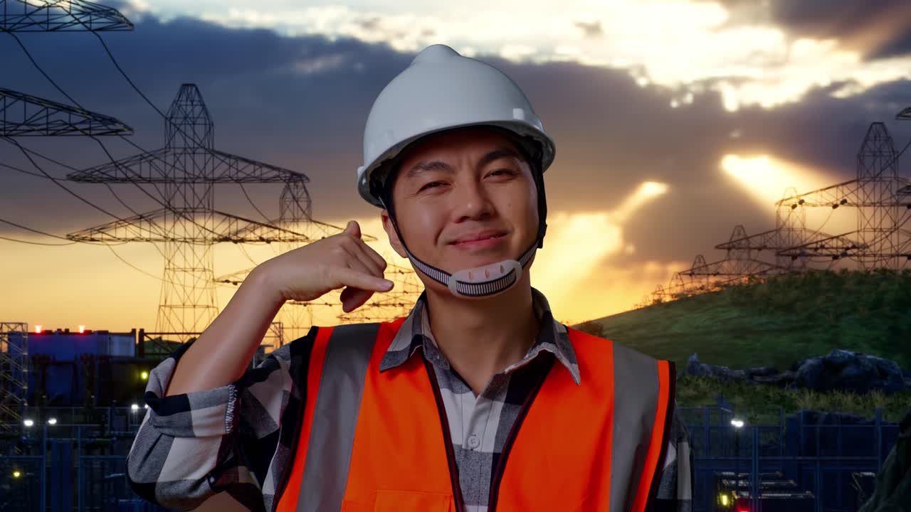 primer plano de ingeniero masculino asiático con casco de seguridad sonriendo a la cámara y haciendo el gesto de llamarme mientras está de pie cerca de la torre de alto voltaje