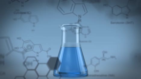 animación de estructuras de compuestos químicos contra un vaso de laboratorio con líquido azul