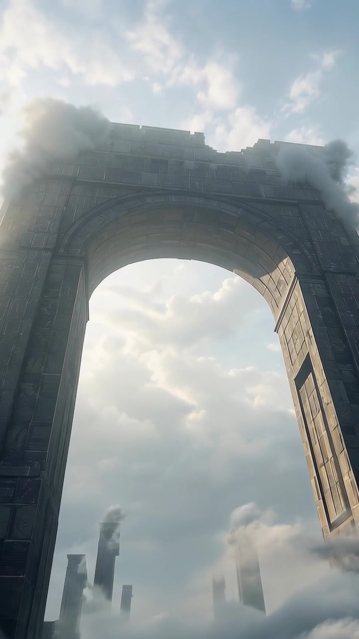 Vertical video: Framing ruined arch right door opening as sun peeking mist thinning towers rising
