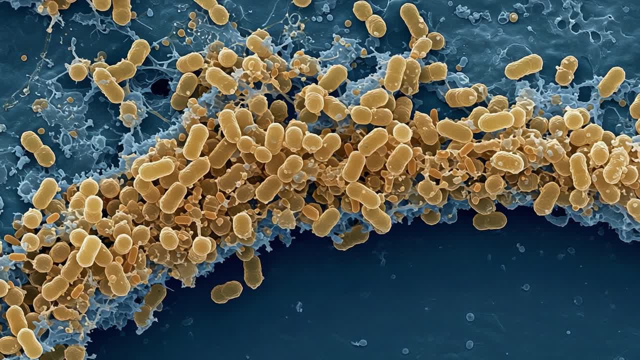 High-Resolution Microscopic View of Bacterial Colonies Interacting with Biological Membranes, Showcasing Microbial Density and Cellular Structures in a Detailed Formation