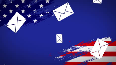 multiple envelope icons falling against american flag on blue background