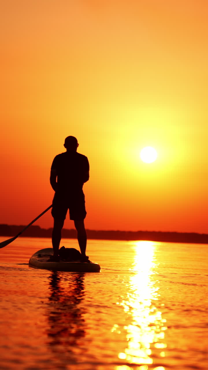 Man stands on the sup board facing the sunset. Man holds a paddle and row with it from each side. Vertical video