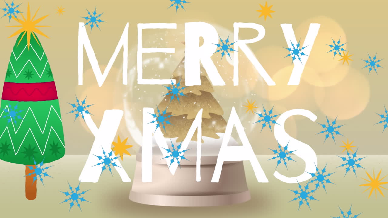 animación de copos de nieve sobre banner de texto de feliz navidad contra manchas de luz y globo de nieve