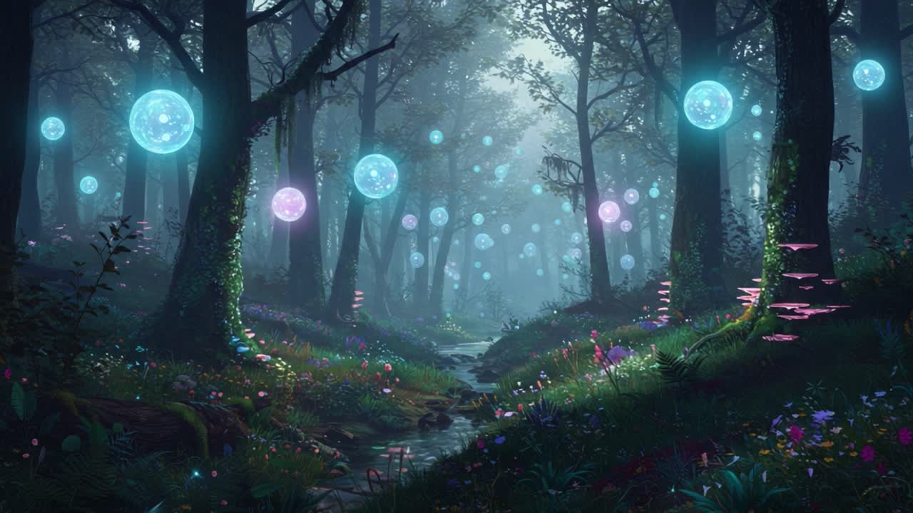 A Dreamlike Enchanted Forest Illuminated by Floating Ethereal Orbs, Capturing a Magical and Mystical Atmosphere Surrounded by Lush Flora and Gentle Stream Flowing Through the Scene