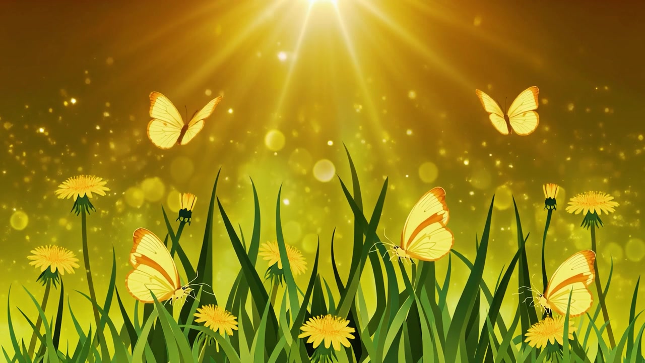 Animated Butterflies Flying Over Dandelions in Golden Sunlight